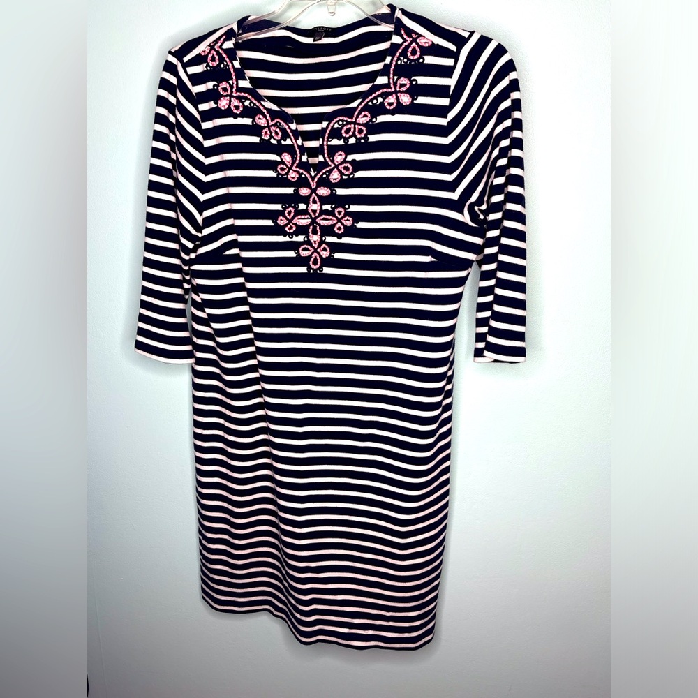 Talbots Petites Navy & White Striped Cotton Dress w/ Pink & Black Appliqué – XLP